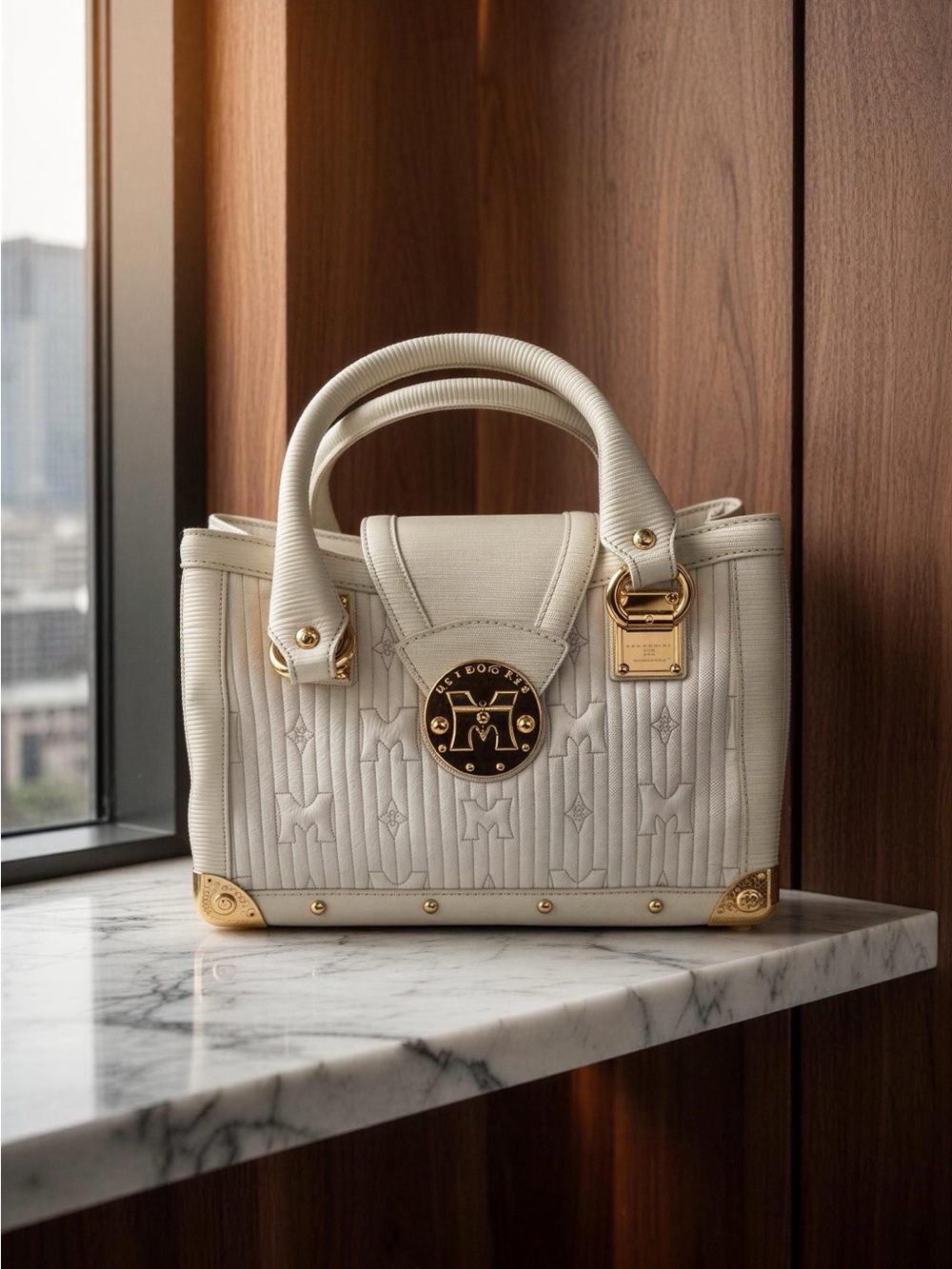 Metrocity Elegant White Leather Top-Handle Satchel with Gold Hardware